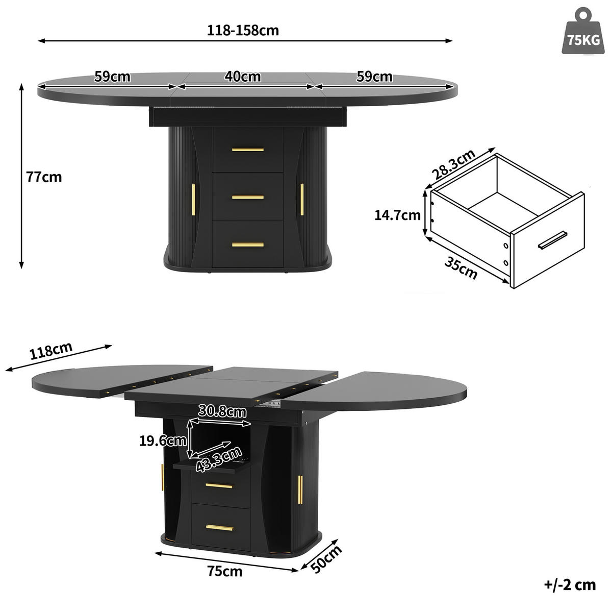 JÍDELNÍ stůl 118-158 cm s výsuvnou deskou a úložným prostorem, stabilní konstrukce, Černá - černá, kompozitní dřevo (118/118/77cm) - Redom