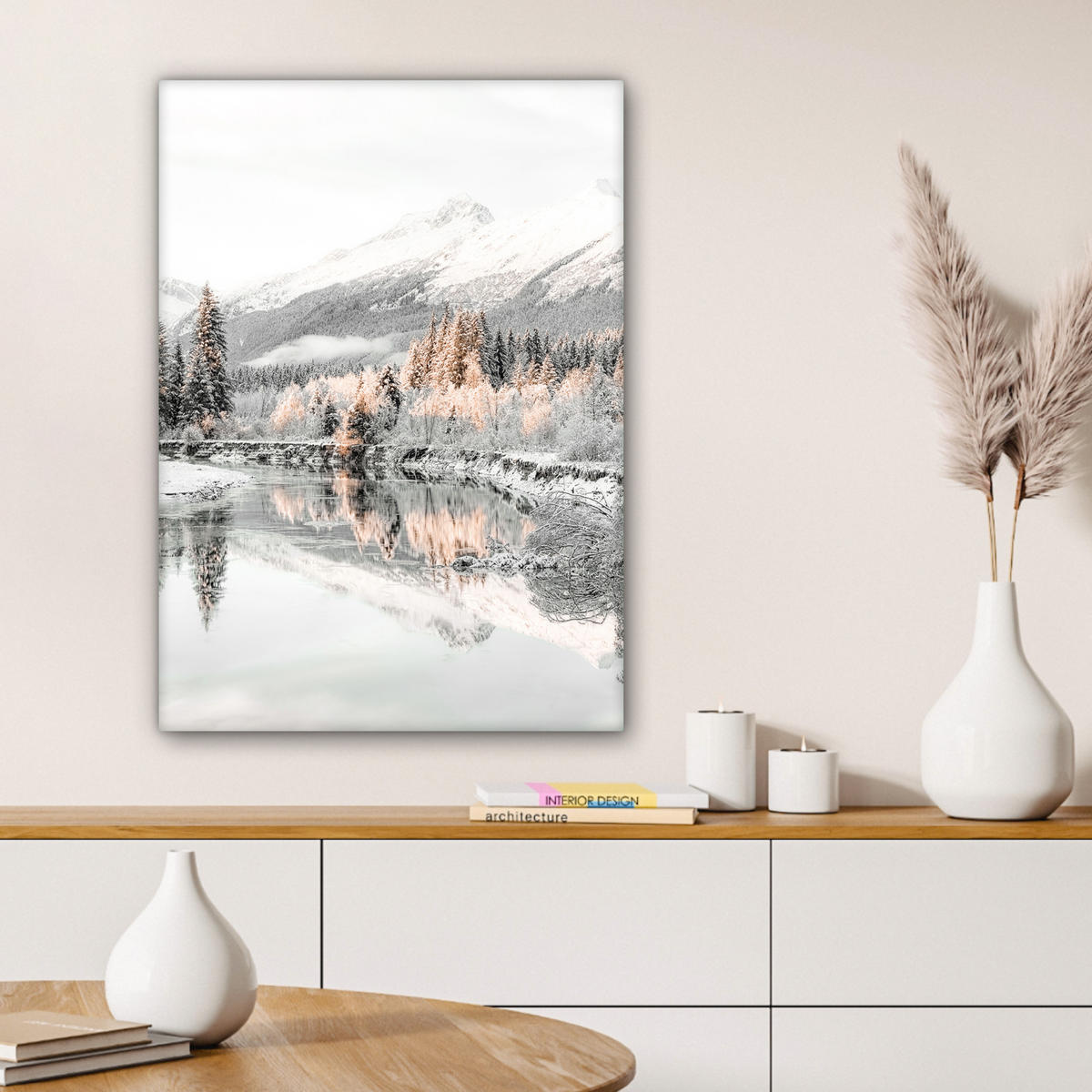 LEINWANDBILD Natur - Winter - Bäume - Berge - Schnee Wandbild Wohnzimmer 60x80 cm - Weiß Hochglanz, Textil (60/80cm) - MuchoWow