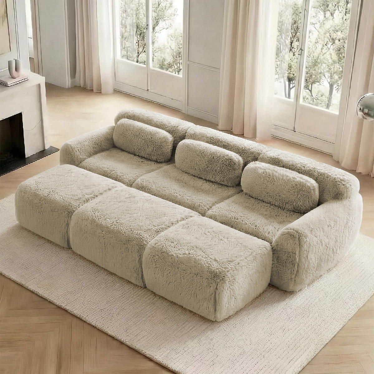 SCHLAFSOFA 3-Sitzer aus Plüschstoff mit 3 Hockern, Hellkhaki - Sandfarben, Textil (291/73/179cm)