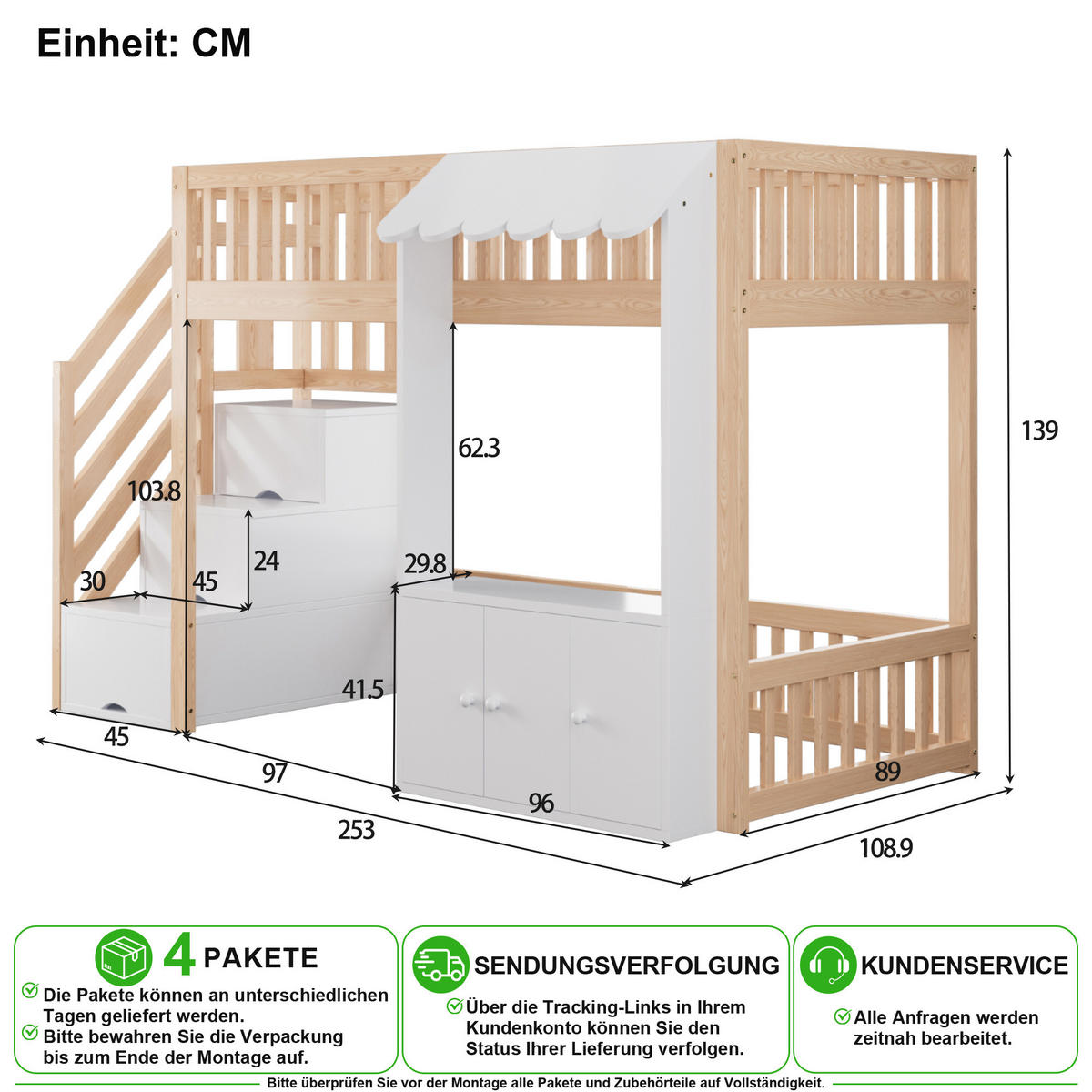 HOCHBETT 90/200 cm in Holzfarbe mit Stauraumtreppe, Stauraum und LED - Naturfarben/Weiß, Holz/Holzwerkstoff (90/200cm) - CHICFURN