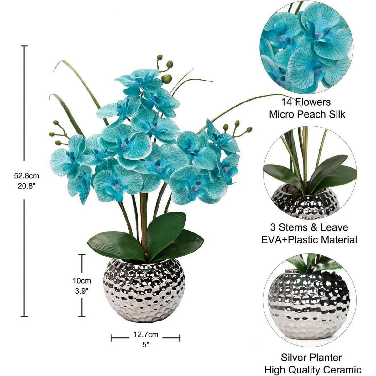 KUNSTBLUME Orchidee Phalaenopsis mit Keramiktopf Hellblau 49 cm - Türkis, Keramik (45cm)