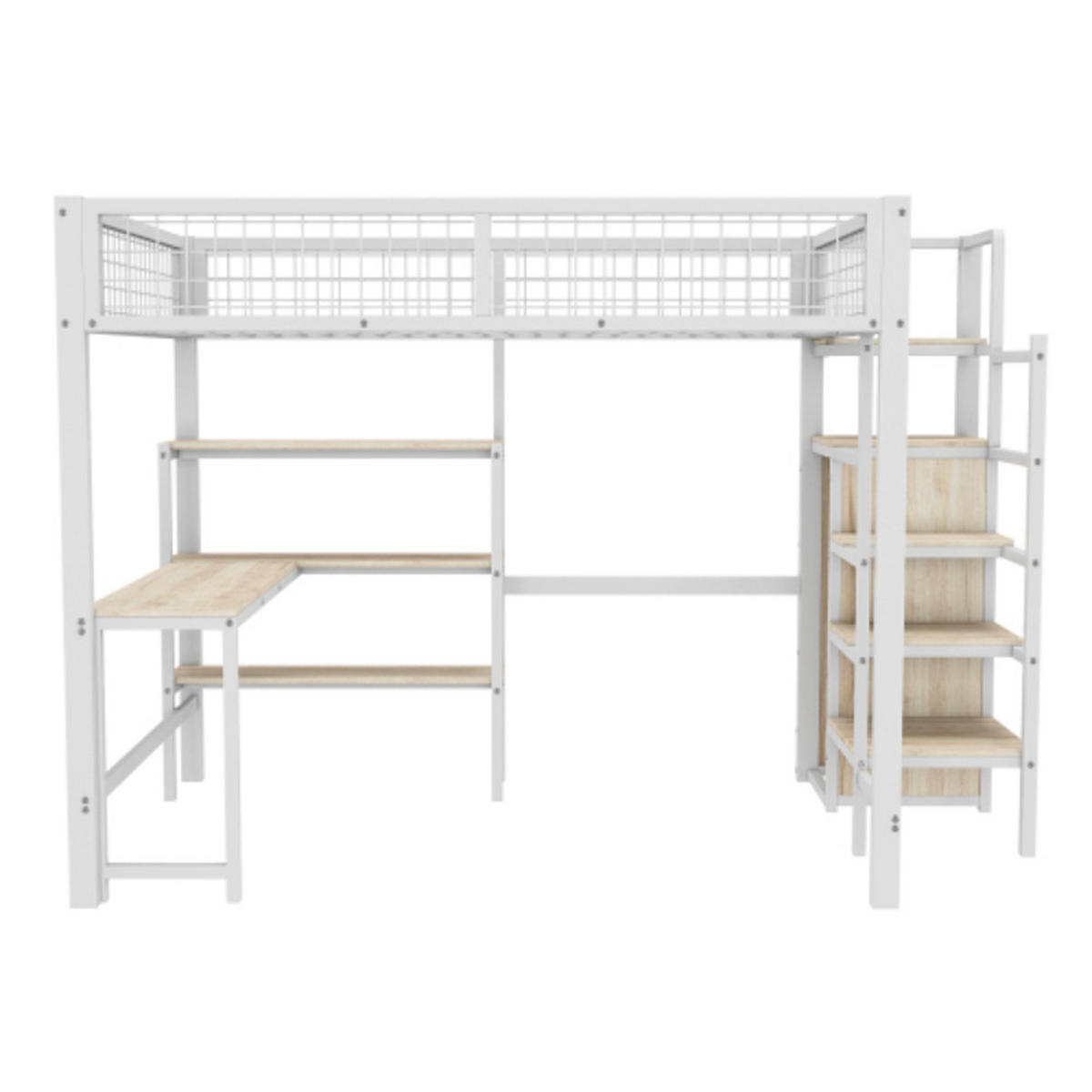 HOCHBETT 140 × 200 cm aus Metall und MDF mit Schreibtisch, Regalen und Kleiderschrank, weiß - Weiß, Holzwerkstoff - Luhomfu
