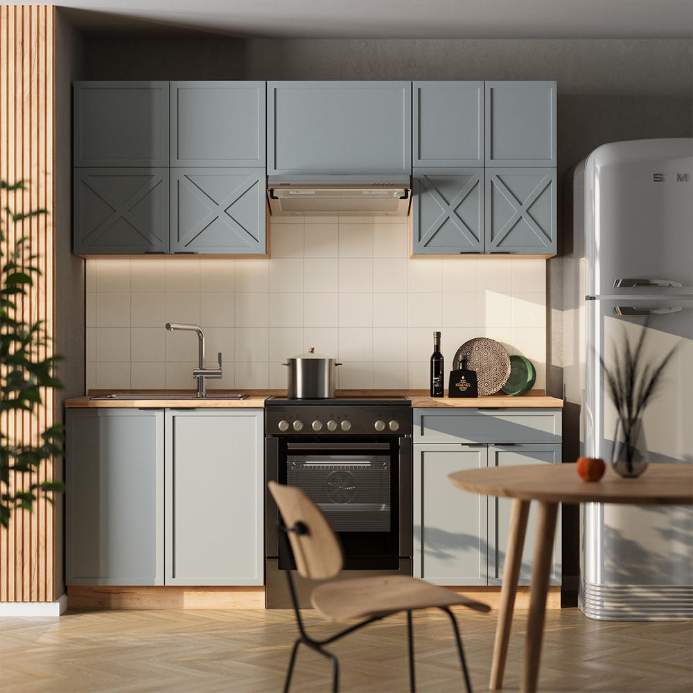 KÜCHENZEILE Fame-Line Hellblau-grau/Goldkraft Eiche 200 cm AP Anthrazit - Honigeiche/Blaugrau, Holzwerkstoff (200/81.6/60cm) - Vicco