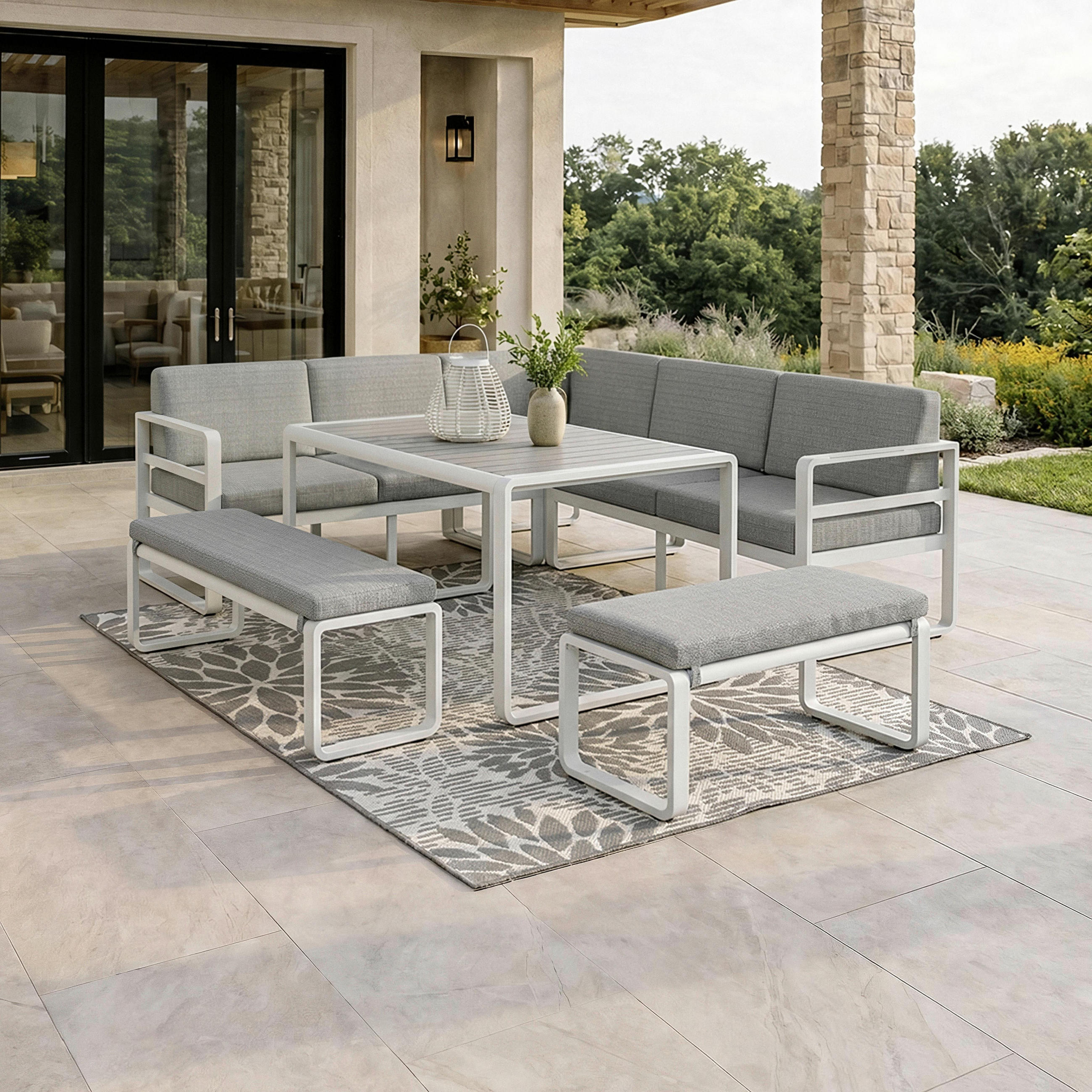 DINING-LOUNGESET Aruba Hellgr. /Weiß Outdoorstoff/Metall - Hellgrau, Metall - Bessagi Garden