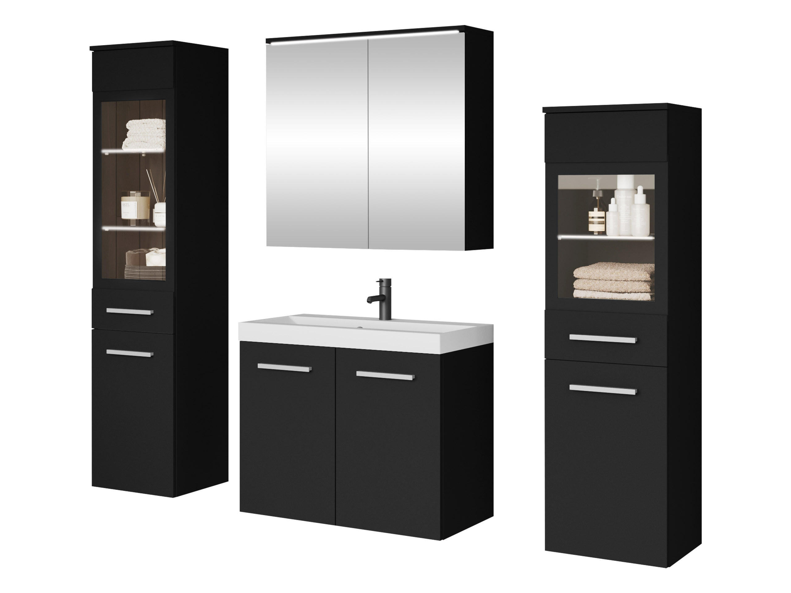 BADMÖBEL-SET Madrit II mit weißer LED Beleuchtung - Silberfarben/Schwarz, Holzwerkstoff/Kunststoff (132/132/30cm) - MIRJAN24