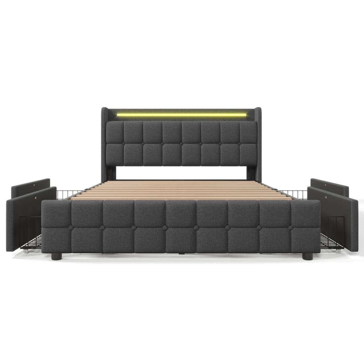 POLSTERBETT 160/200 cm Grau mit LED-Beleuchtung, USB-Anschlüssen und 4 Schubladen - Grau, Holz (160/200cm) - Flora Grace