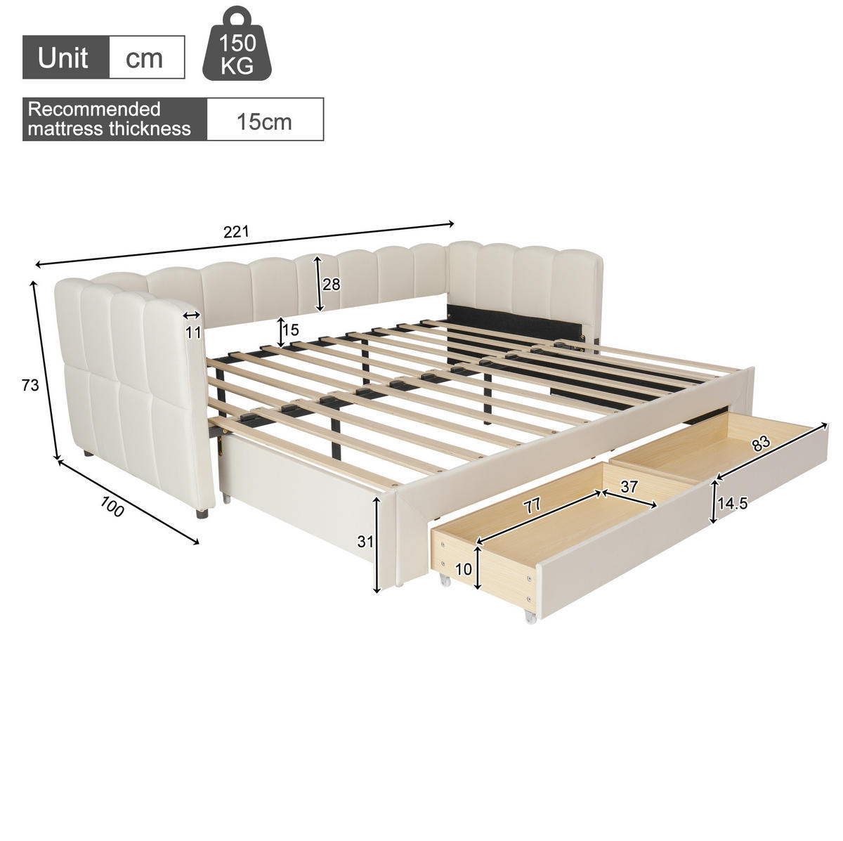 POLSTERBETT aus Leinen 90x200 cm in Beige mit Ausziehfunktion - Beige, Textil (90/200cm) - Modfu