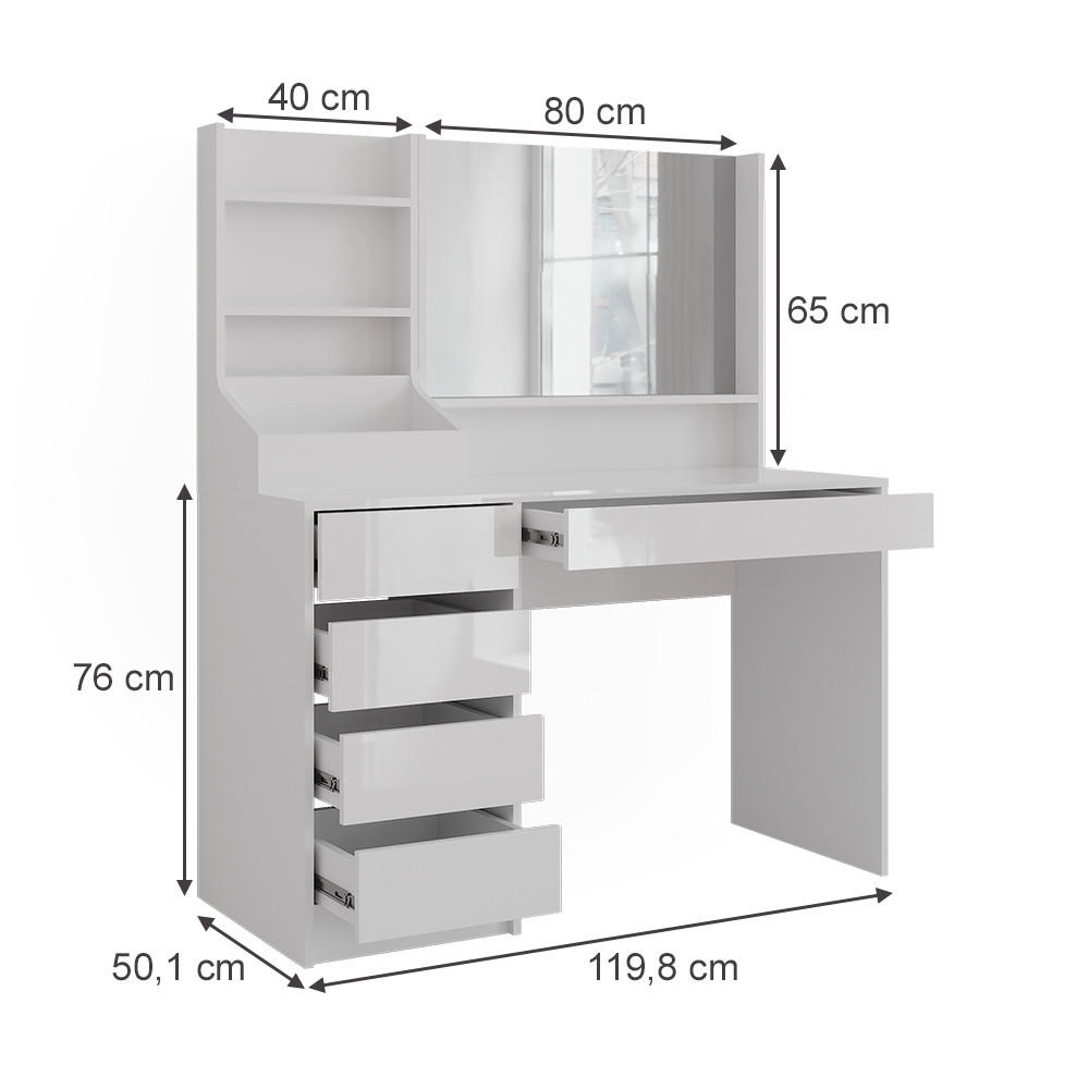 SCHMINKTISCH Sherry Weiß/Weiß Hochglanz 119.8 cm 3 Teile - Weiß Hochglanz, Holzwerkstoff (119.8/76/50.1cm) - Vicco