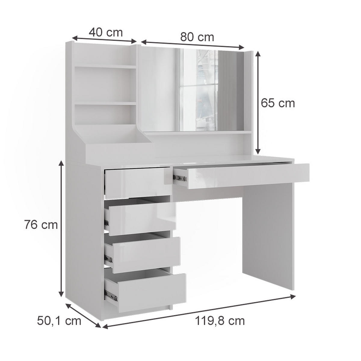 SCHMINKTISCH Sherry Weiß/Weiß Hochglanz 119.8 cm 3 Teile - Weiß Hochglanz, Holzwerkstoff (119.8/76/50.1cm) - Vicco