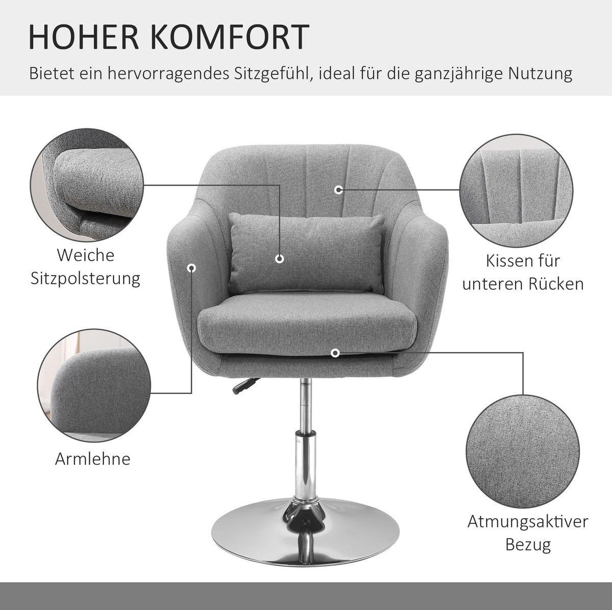 DREHSTUHL höhenverstellbar 60 x 60 x 79-91 cm Polyester Grau - Grau, Metall (60/91/60cm) - Meubliv
