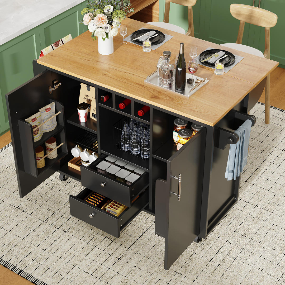 KÜCHENINSEL 137.9x73x92cm Schwarz mit 2 Schubladen & 5 Rollen - Schwarz, Holzwerkstoff (137.9/92/73cm) - Modfu