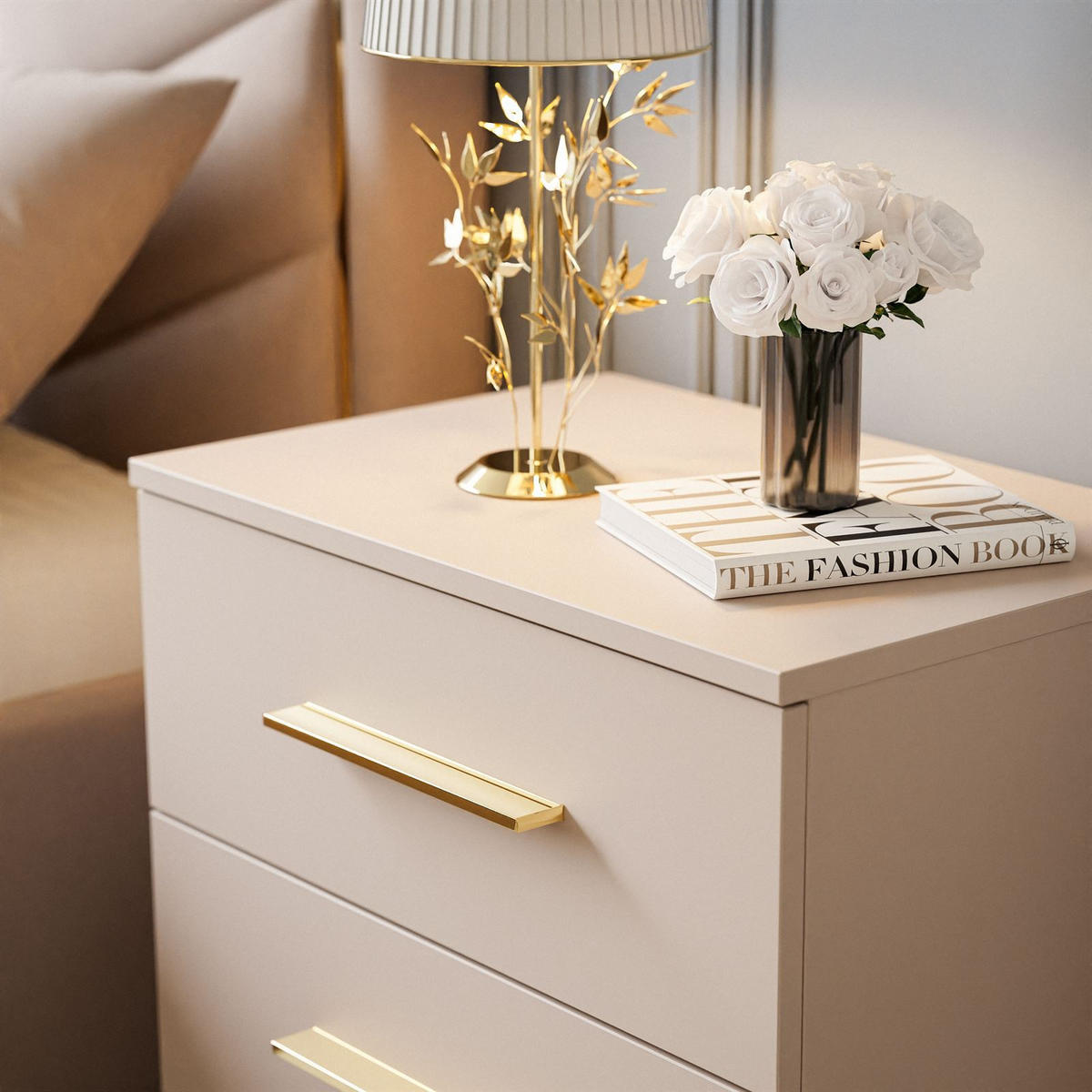 NACHTTISCH AURA KASCHMIR mit goldenen Beinen und Griffen - Kaschmir, Holzwerkstoff (55/55/37cm) - Lookway