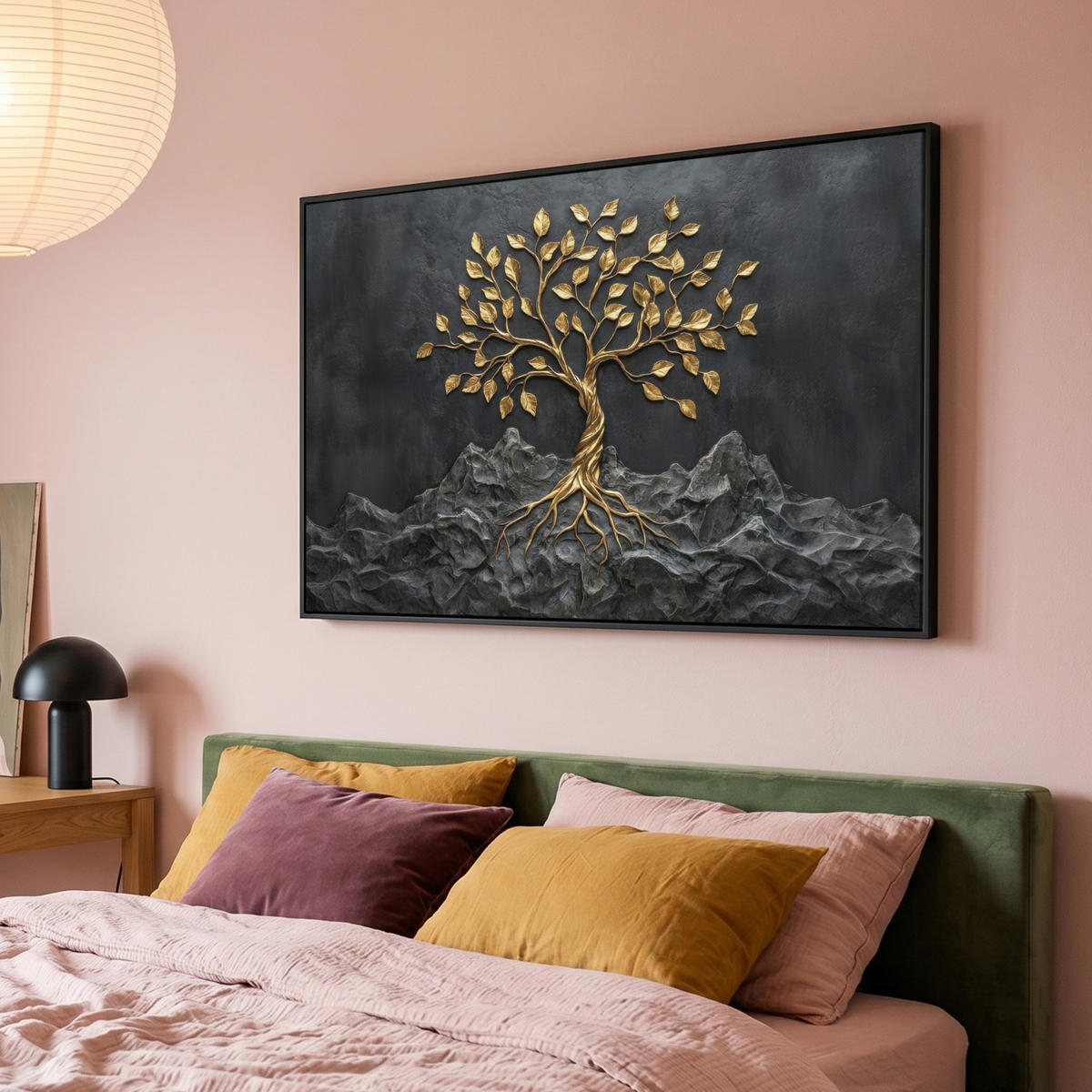 LEINWAND Bilder mit Rahmen - Blätter - Gold - Baum - Fels - 120x80 - Schwarz, Textil (120/80cm) - MuchoWow