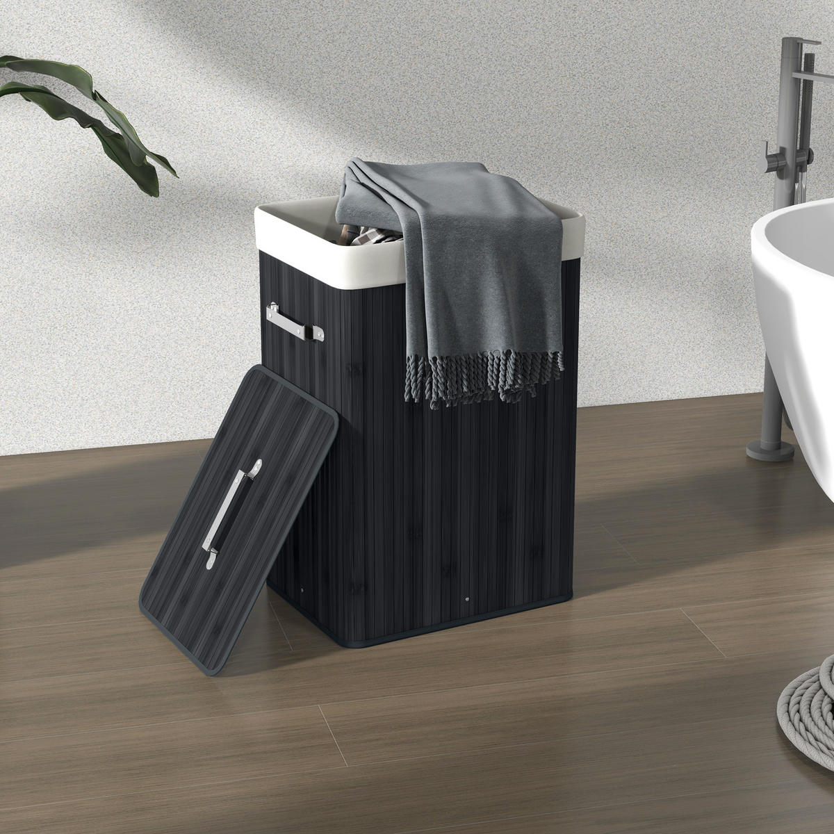 WÄSCHEKORB Wäschetruhe Wäschebox Wäschesammler Eckig Bambus 72 L Schwarz - Schwarz, Naturmaterialien (30/60/40cm) - HOMCOM