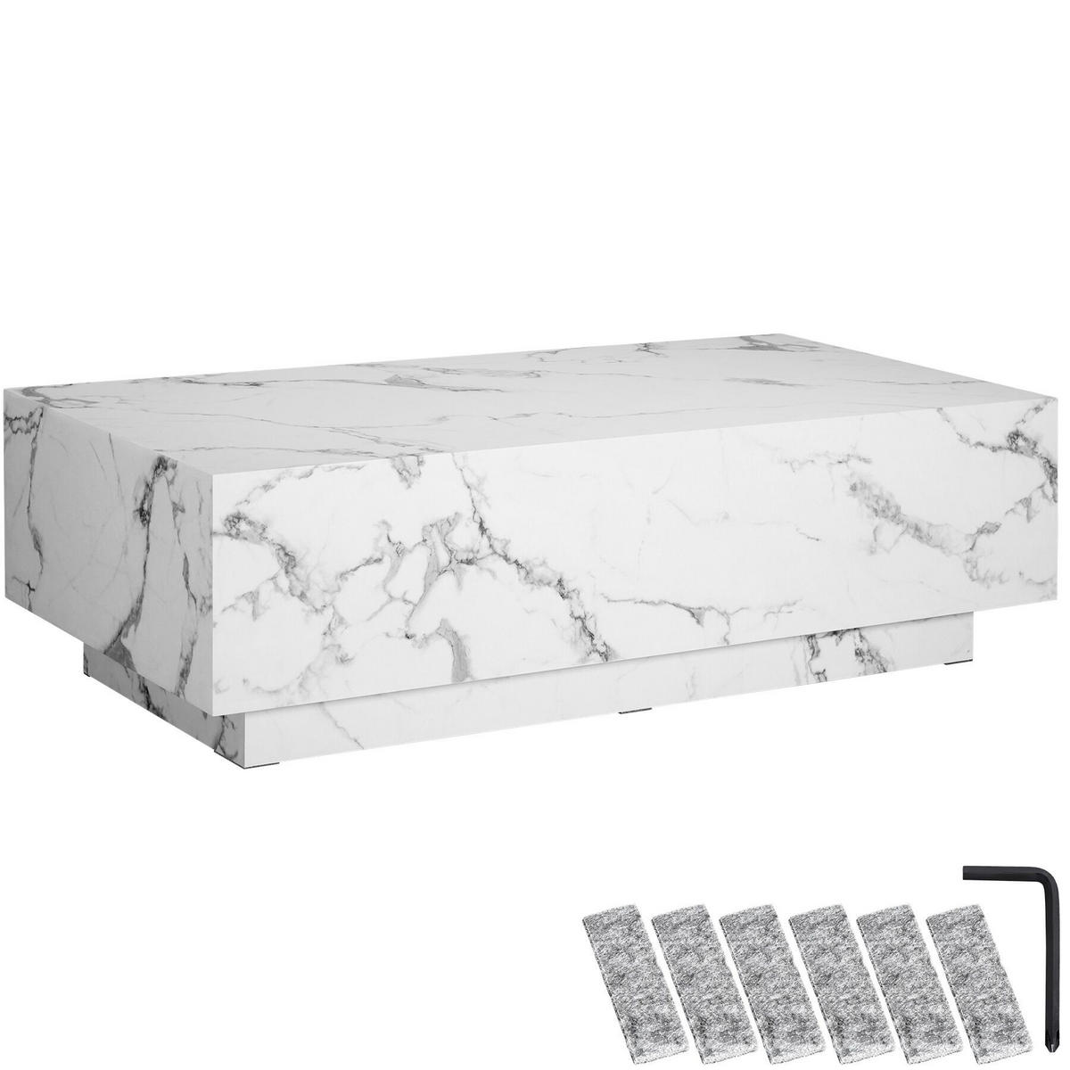 COUCHTISCH Lasley, inkl. Bodenschoner, Belastbarkeit 45 kg, Marmor Optik weiß - Weiß, Holz (60/120/35cm) - tectake