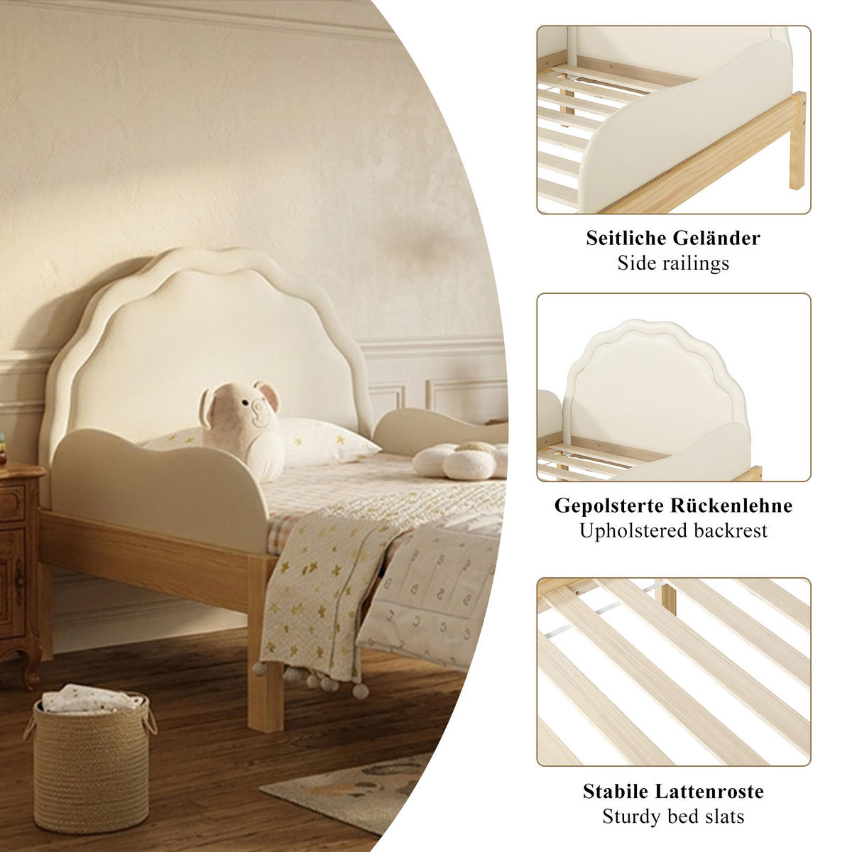 KINDERBETT 90/200 cm in Beige/Natur mit Schutzgeländer - Beige/Naturfarben, Holzwerkstoff/Textil (90/200cm) - WISHDOR
