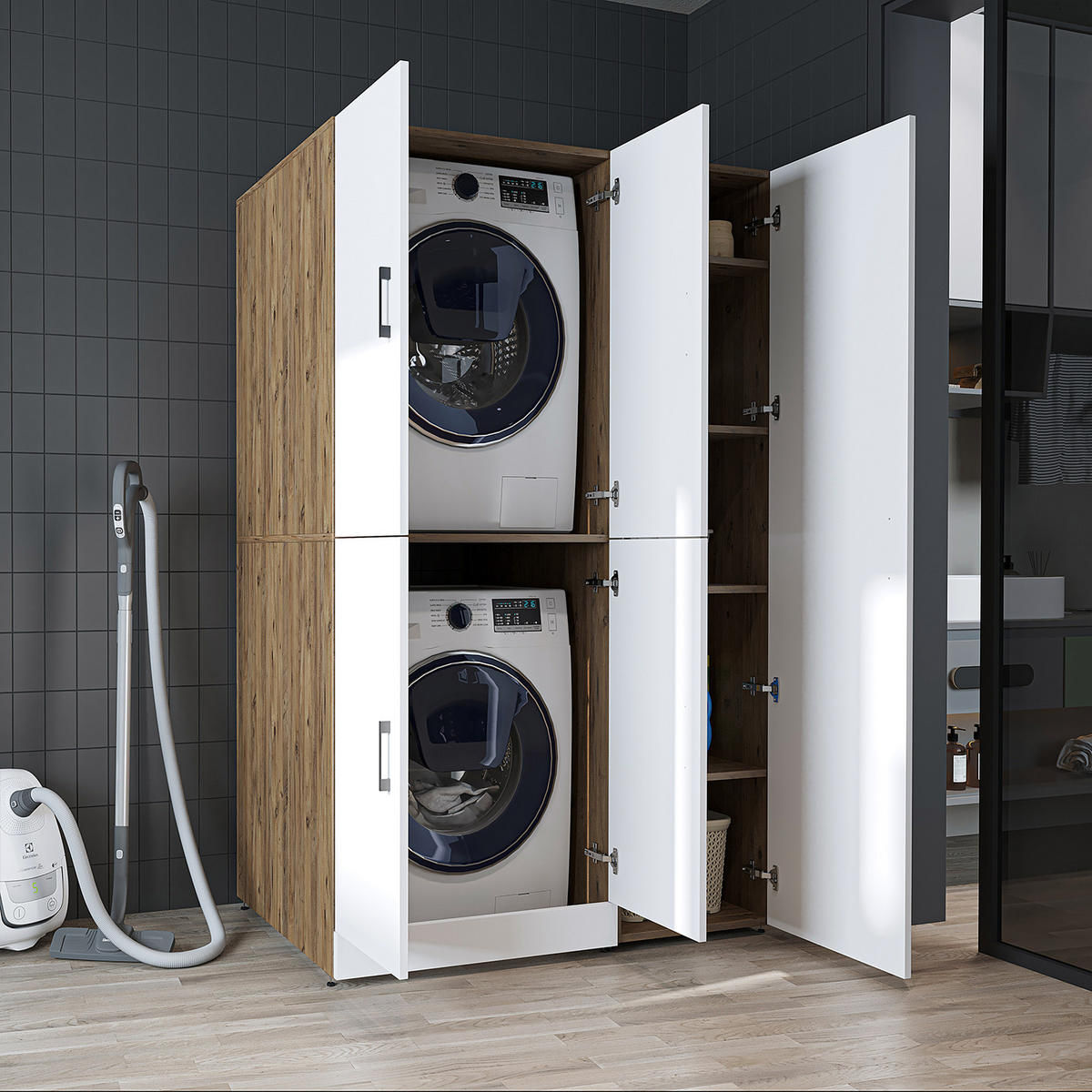 WASCHMASCHINENSCHRANK DORA-II 115cm Breit, 186cm Hoch - Eiche Bianco, Holzwerkstoff (115/186/73.8cm)