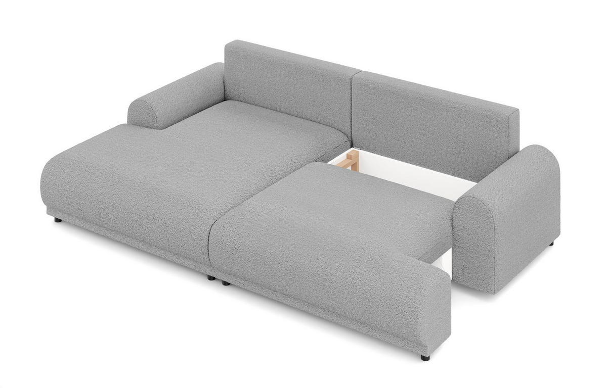 ECKSOFA mit Schlaffunktion, Bettkasten, extrabreite Ottomane links, abgerundete Armlehnen, B240/T145/H81 cm, Bezug Bouclé-Charakter Grau / 21030 - Schwarz/Grau, Kunststoff/Textil (240/145cm) - luma-home