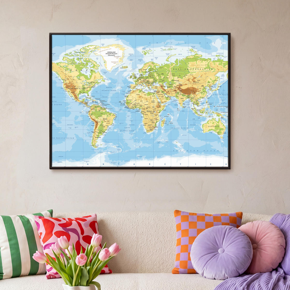 LEINWAND Bilder mit Rahmen - Weltkarte - Statistisch - Blau - Erde - Bildung - 100x70 - Blau, Textil (100/70cm) - MuchoWow