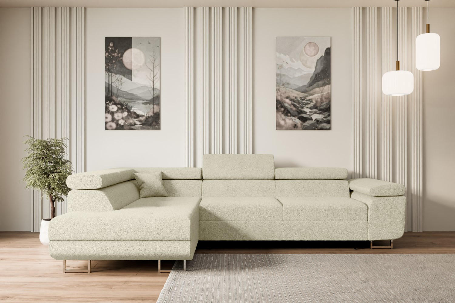ECKSOFA mit Schlaffunktion und Bettkasten GUSA-L 272x202x107 cm Beige Bouclé - Beige/Silberfarben, Holzwerkstoff/Textil (202/272cm) - ALTDECOR