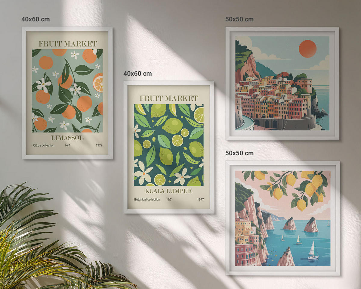 BILDER SET 4er Set - 50x50 cm & 40x60 cm Weißer Rahmen - Vintage-Poster mit Fruchtmustern - Weiß, Kunststoff (50/50cm) - TULUP