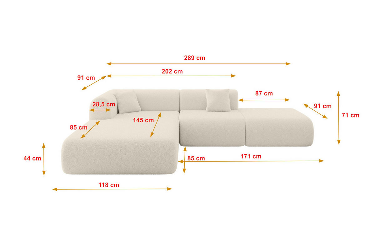 ECKSOFA Ottomane Links OVLY-L 289x176x71 Beige Bouclé - Sandfarben/Beige, Holzwerkstoff/Kunststoff (176/289cm) - ALTDECOR