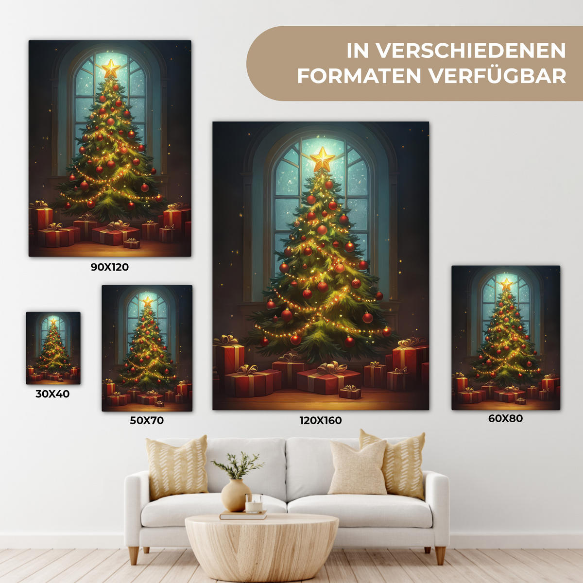 LEINWANDBILD Weihnachtsbaum - Geschenk - Winter 60x80 cm - Grün, Textil (60/80cm) - MuchoWow