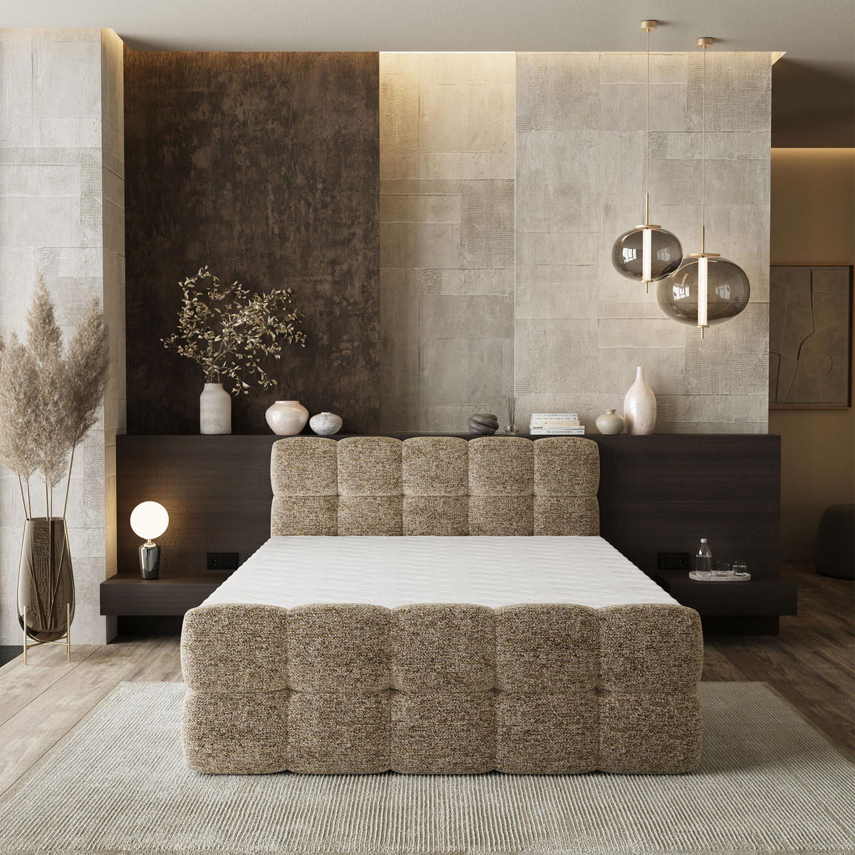 BOXBETT BRUME 180x200 cm mit Matratze und Topper, H2+H3 - Beige - Beige, Holz (180/200cm) - MASSENO