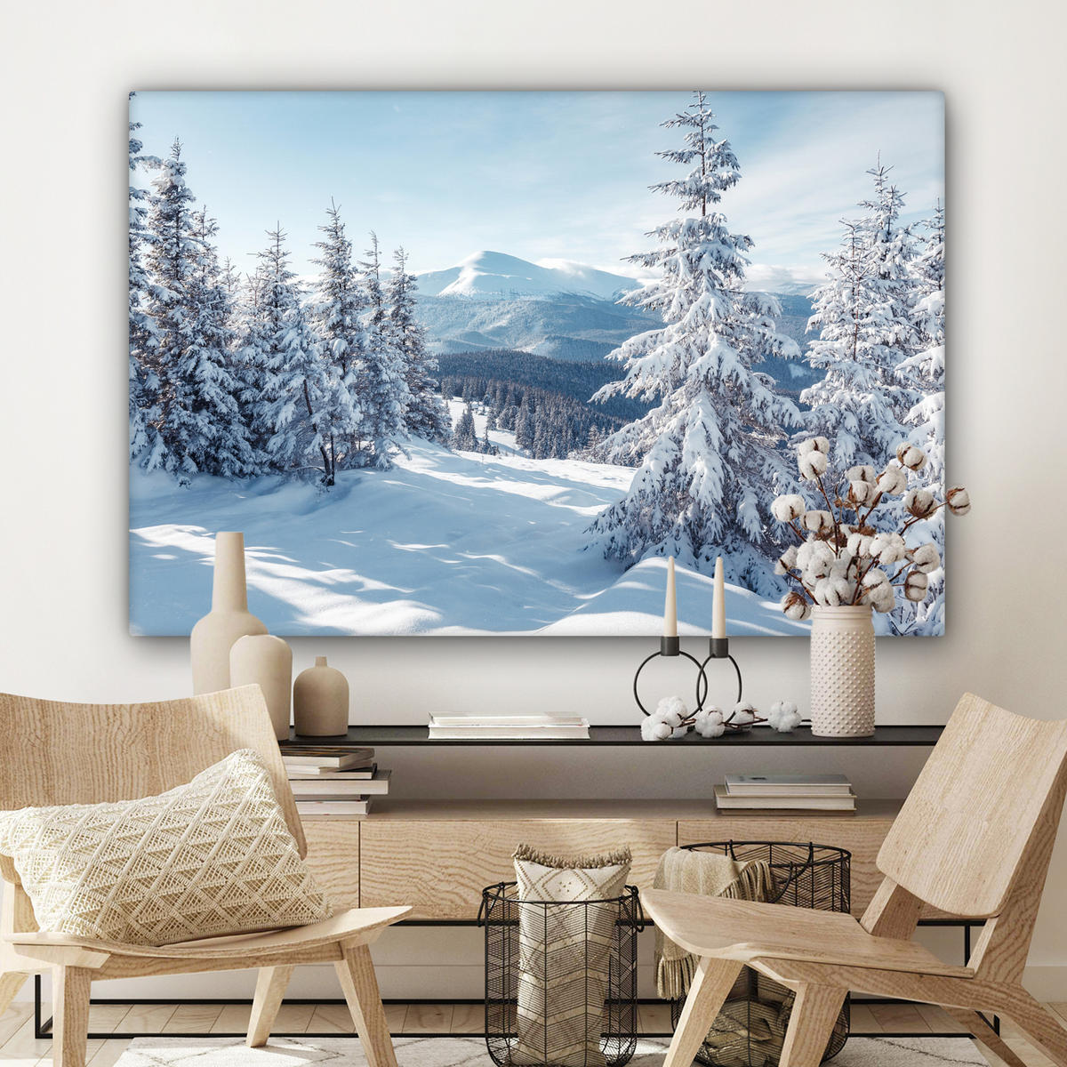 LEINWANDBILD Winterlandschaft - Natur - Berge - Bäume - Schnee Groß 140x90 cm - Hellblau, Textil (140/90cm) - MuchoWow
