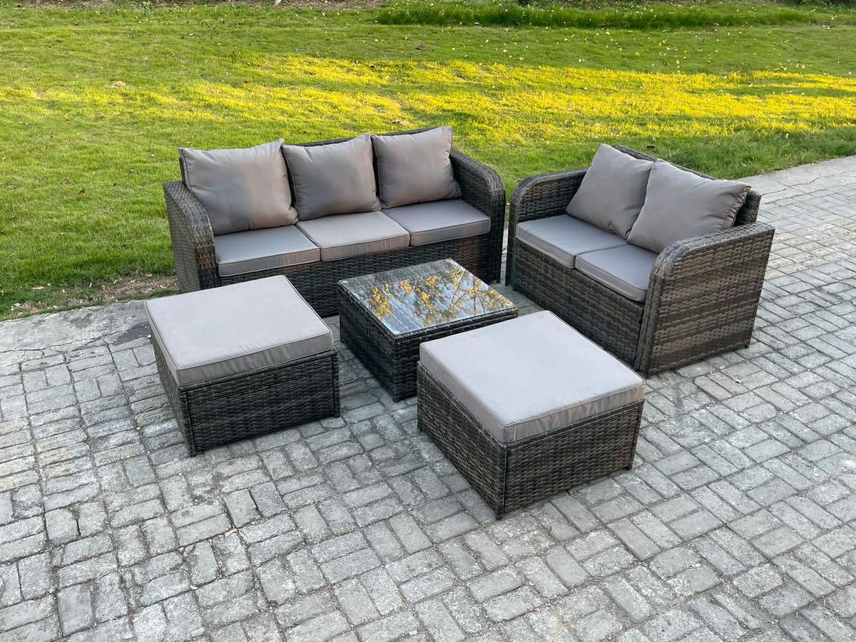 GARTENSOFA SET mit Couchtisch Polyrattan Dunkelgrau 5-teilige - Dunkelgrau/Grau, Glas/Kunststoff - Fimous
