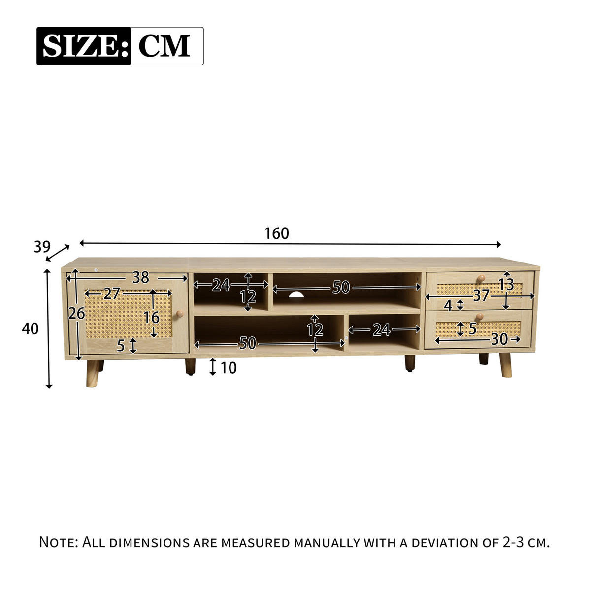 TV-LOWBOARD in Eiche-Optik mit Rattanfront 160/39/40.5 cm - Naturfarben, Holzwerkstoff (160/40.5/39cm) - Redom
