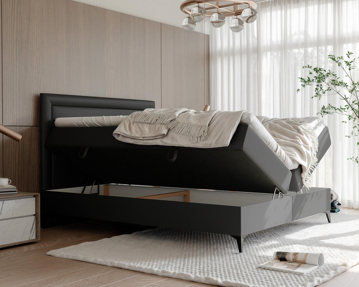 BOXBETT NERO 200/200 cm mit Matratze und Topper, Schwarz - Schwarz, Holzwerkstoff/Textil (200/200cm) - Idohome