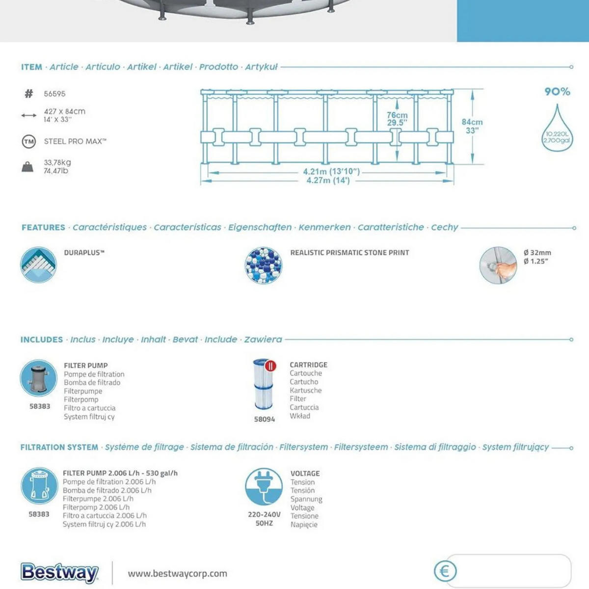 POOL SET Steel Pro MAX Lichtgrau Ø427 × 84 cm Rund Stahlrahmenpool mit Filterpumpe Familienpool Garten - Hellgrau, Kunststoff (427/84/427cm) - Bestway