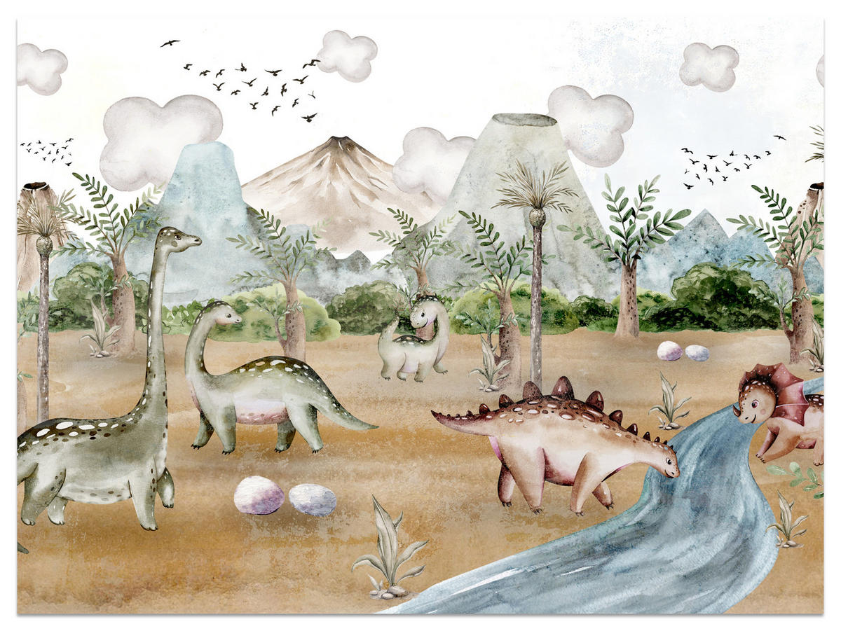 FOTOTAPETE für Kinderzimmer Dinosaurier Welt Vulkane Aquarell Tropische Bäume 350x256 - Blau/Beige, Papier (350/256cm) - Muralo