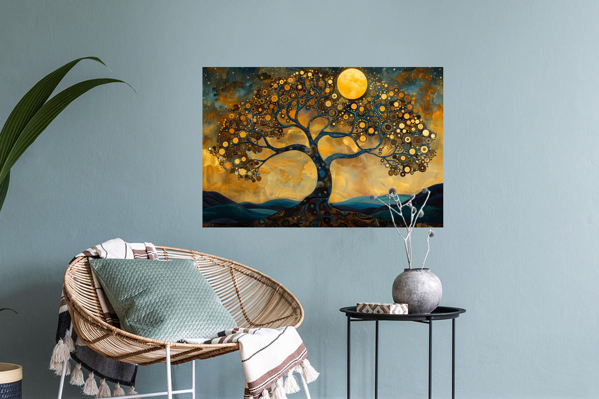 WANDTATTOO Baum - Mond - Blumen - Gold - Kunst 60x40 cm - Orange, Kunststoff (60/40/0.1cm) - MuchoWow