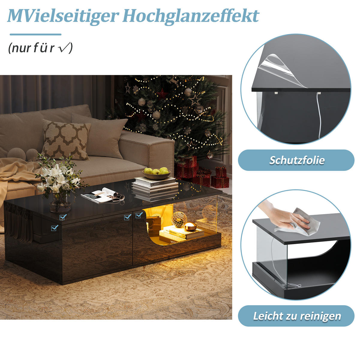 COUCHTISCH 100/50 cm mit 2 Schubladen, LED-Beleuchtung und Glasablage - Schwarz, Holzwerkstoff (100/50/30cm) - BEAOK