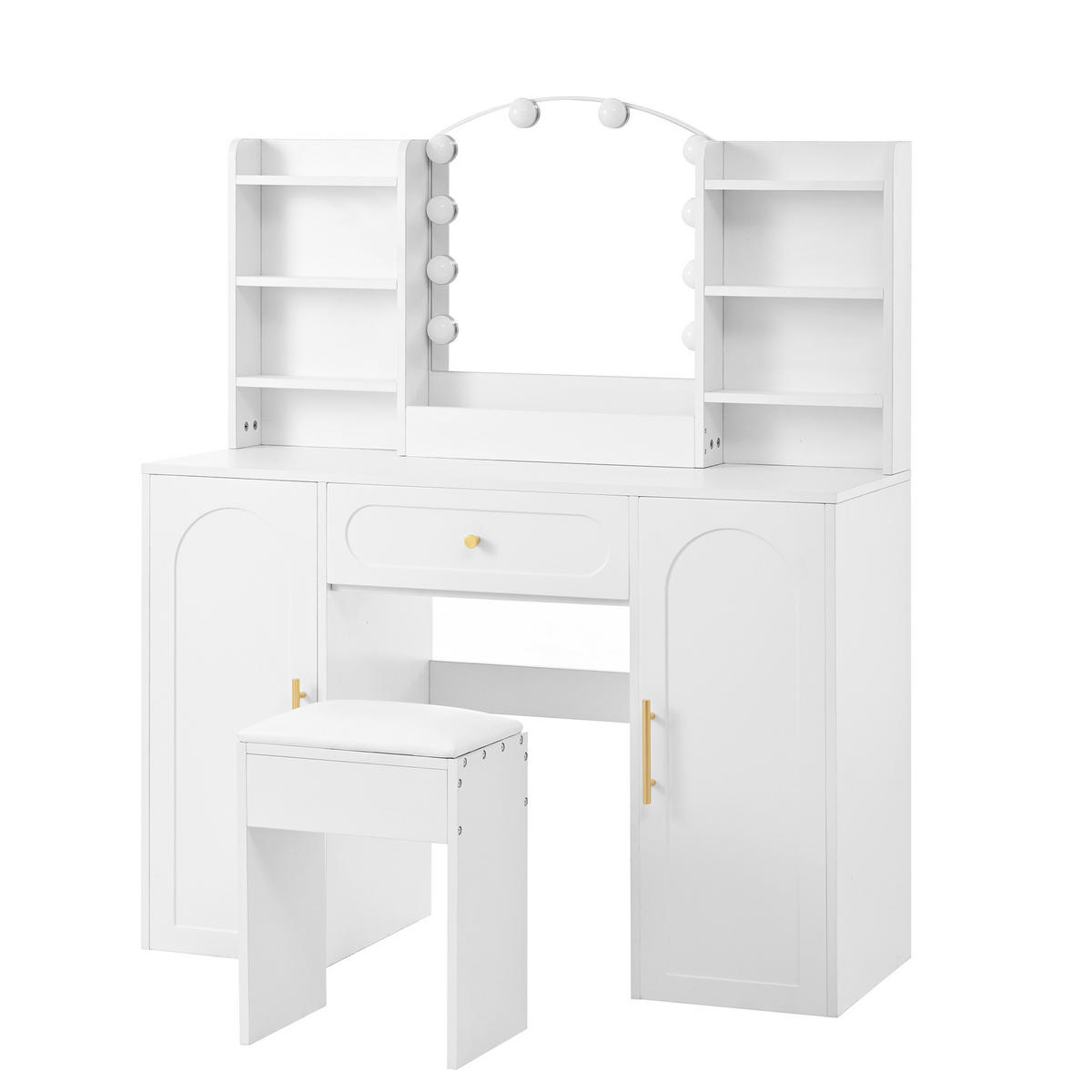 SCHMINKTISCH, LED-Beleuchtung, Spiegel, Hocker, Weiß, 110x40x132cm - Weiß, Holzwerkstoff (40/132/110cm) - FLIEKS