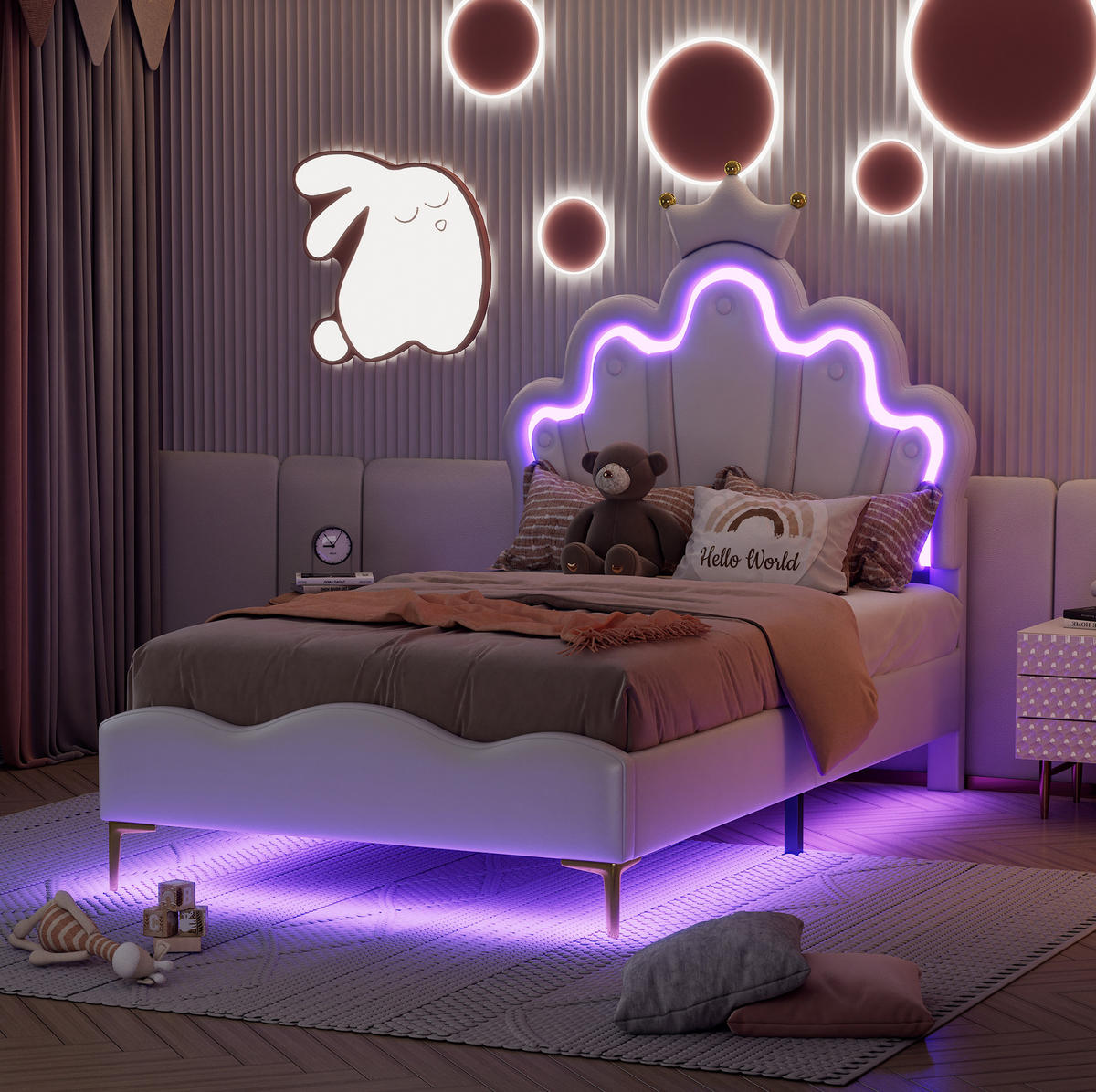 KINDERBETT Polsterbett 90/200 cm aus PU-Kunstleder mit LED-Beleuchtung Weiß - Weiß, Kunststoff (90/200cm) - Modenvie