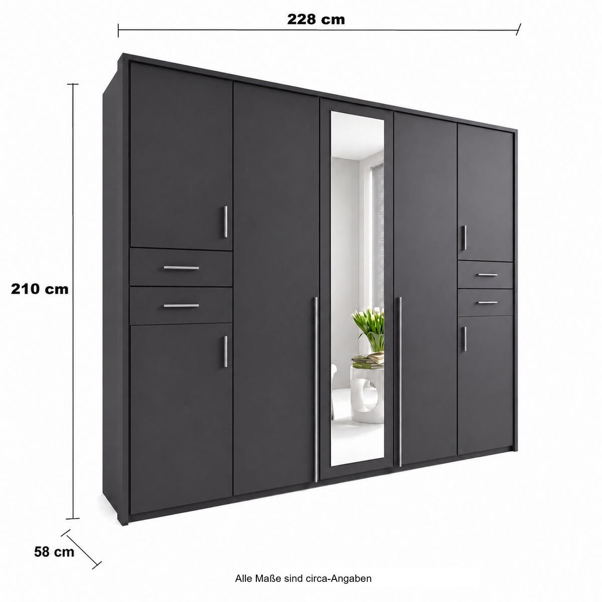 DREHTÜRENSCHRANK Kleiderschrank B228/H210/T58 cm mit Schubkästen & Passepartout & 1 Spiegeltür, Grafit / 22571 - Silberfarben/Graphitfarben, Holzwerkstoff/Kunststoff (228/210/58cm) - luma-home