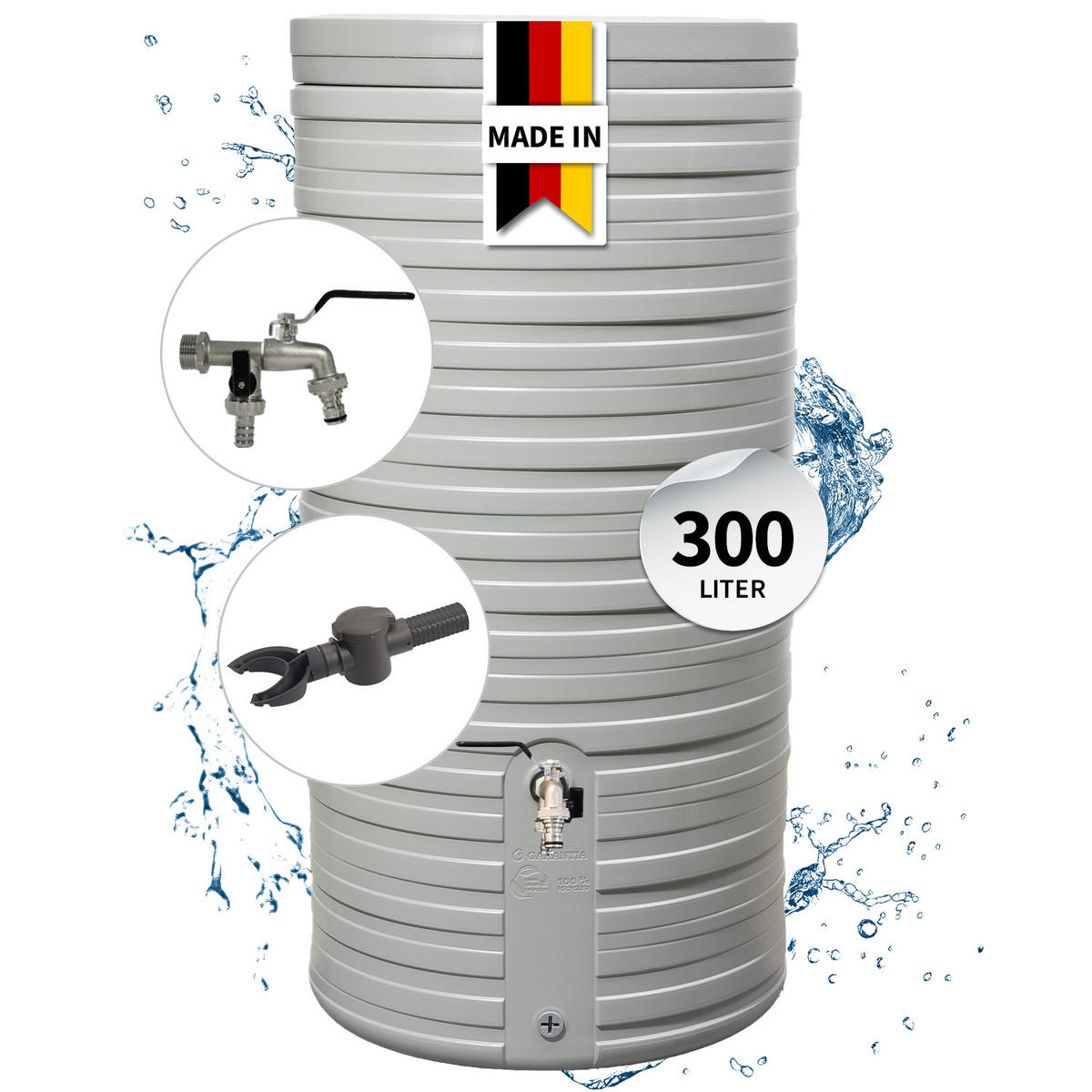 REGENTONNE Komplett-Set 300 L, steingrau inkl. Chrom-Doppelauslaufhahn und Fallrohranschluss - Grau, Kunststoff (59/118/60cm) - GARANTIA