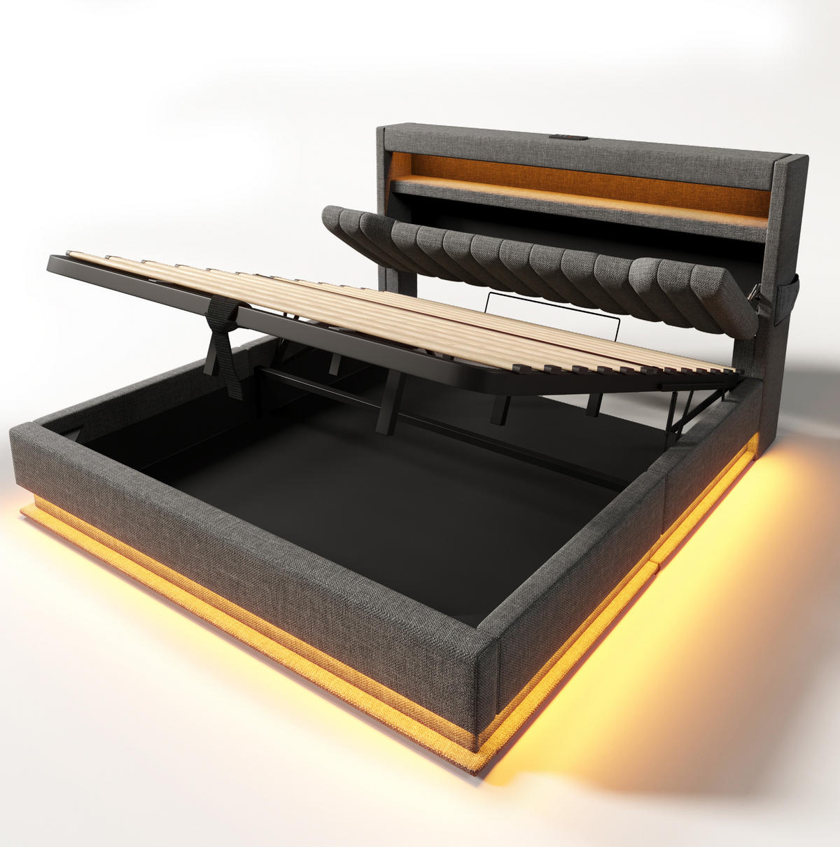 POLSTERBETT 180/200 cm grau aus Leinen mit LED und Stauraum - Grau, Textil (180/200cm) - OKWISH