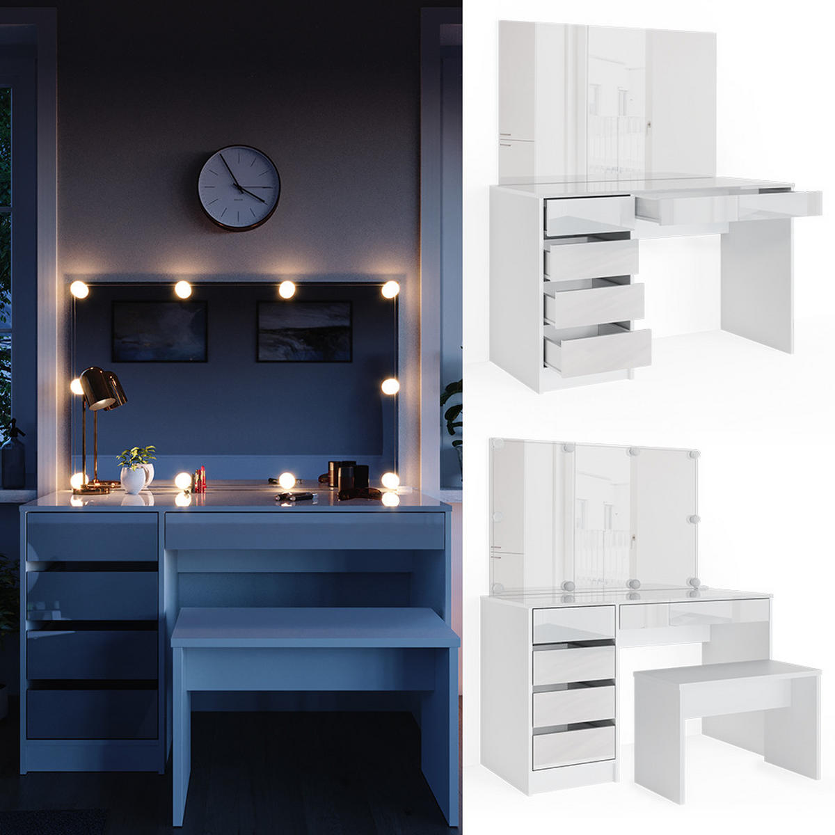 SCHMINKTISCH Sherry Weiß 120 cm mit LED Beleuchtung und Bank - Weiß, Holzwerkstoff (55/75/120cm) - Vicco