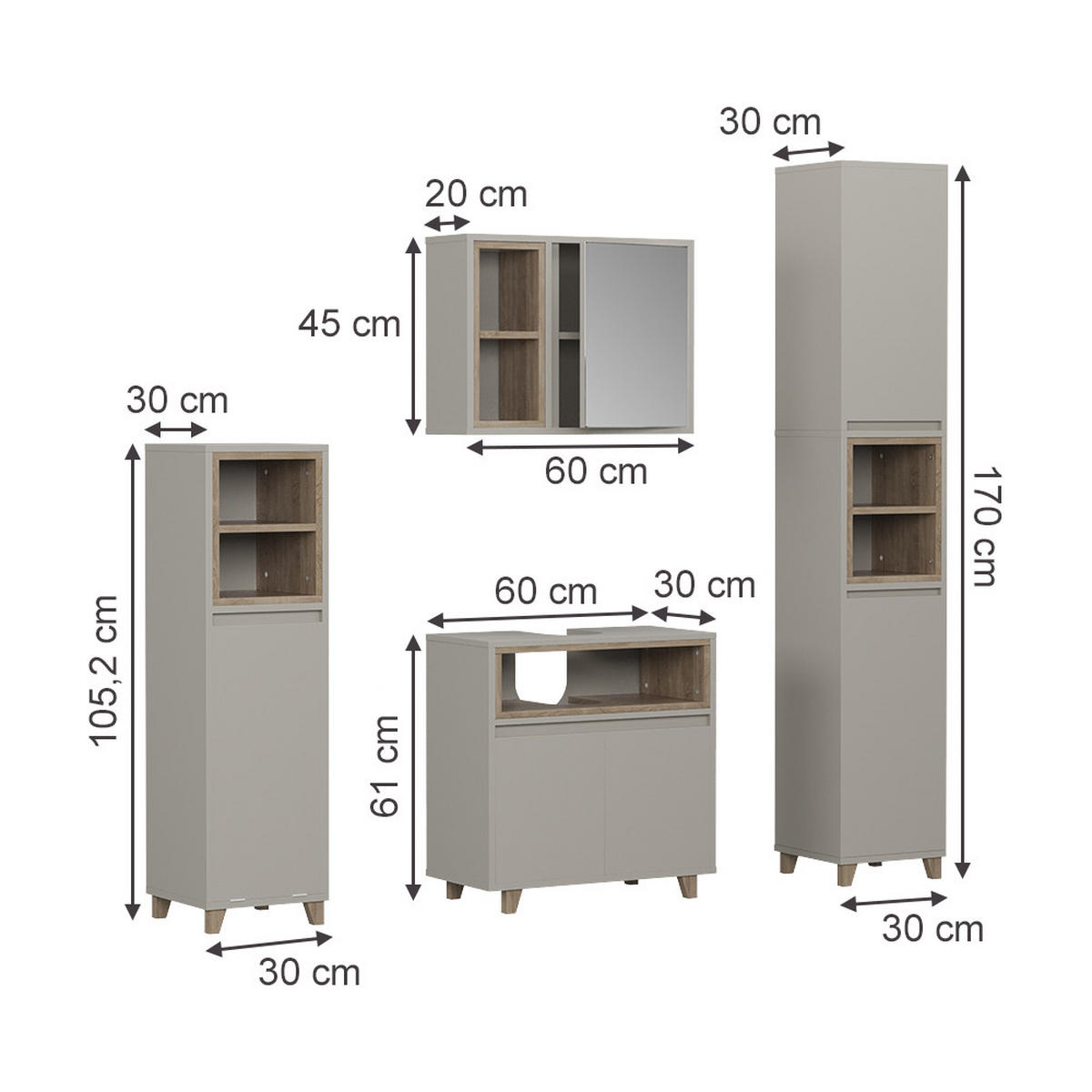 KOUPELNOVÝ NÁBYTEK Elnor Greige/Dub - šedobéžová/barva dubu, kompozitní dřevo (60/61/30cm) - Vicco