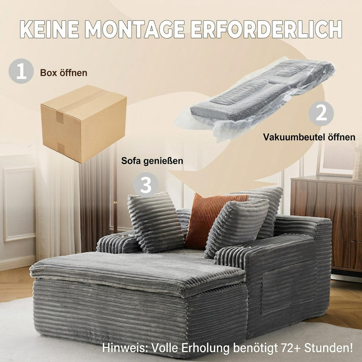 SCHLAFSOFA 165/112/63 cm Grau mit Chaiselongue, 3 Kissen und 1 Decke - Grau, Textil (112/63/165cm) - Oxeza