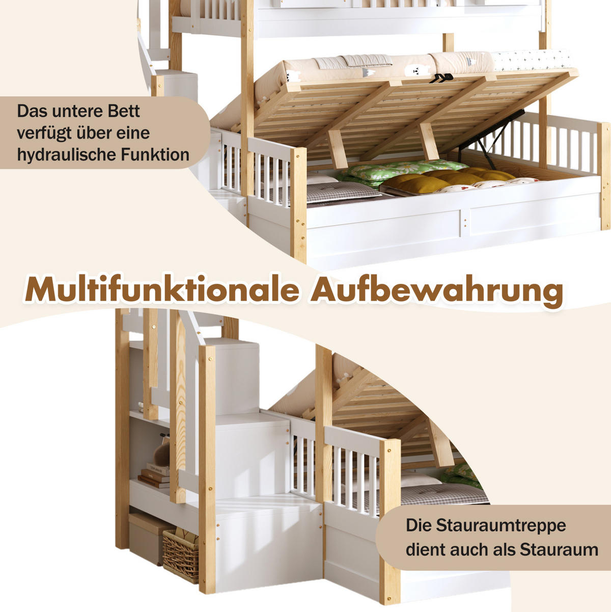 ETAGENBETT 140/200 cm weiß aus Kiefer mit LED und Stauraumtreppe - Weiß, Holzwerkstoff (90/200cm) - OKWISH