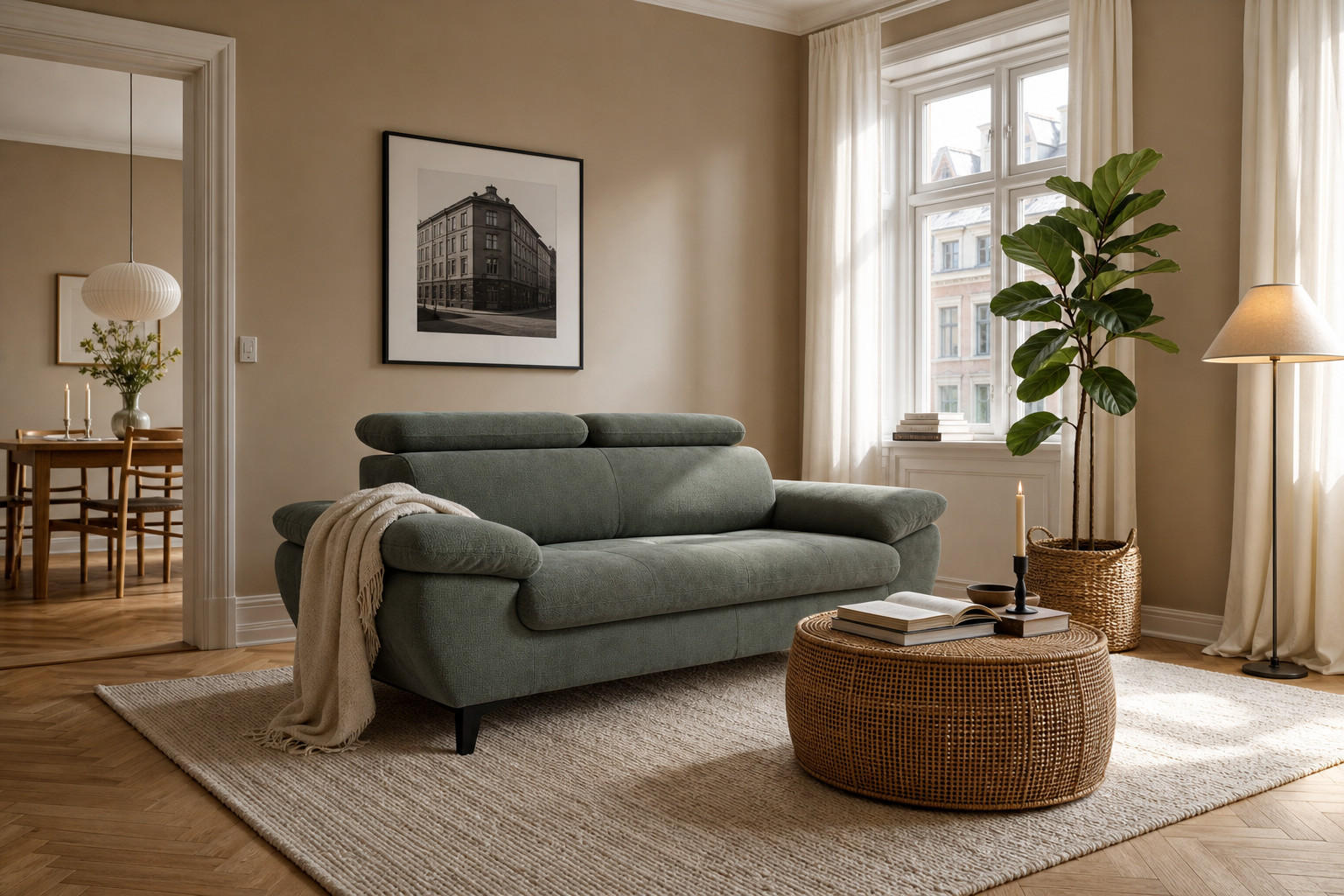 2,5-SITZER Karlstad Chenille Grün verstell. Kopfstützen B 194 cm - Waldgrün, Kunststoff/Textil (194/84/100cm) - foamnova