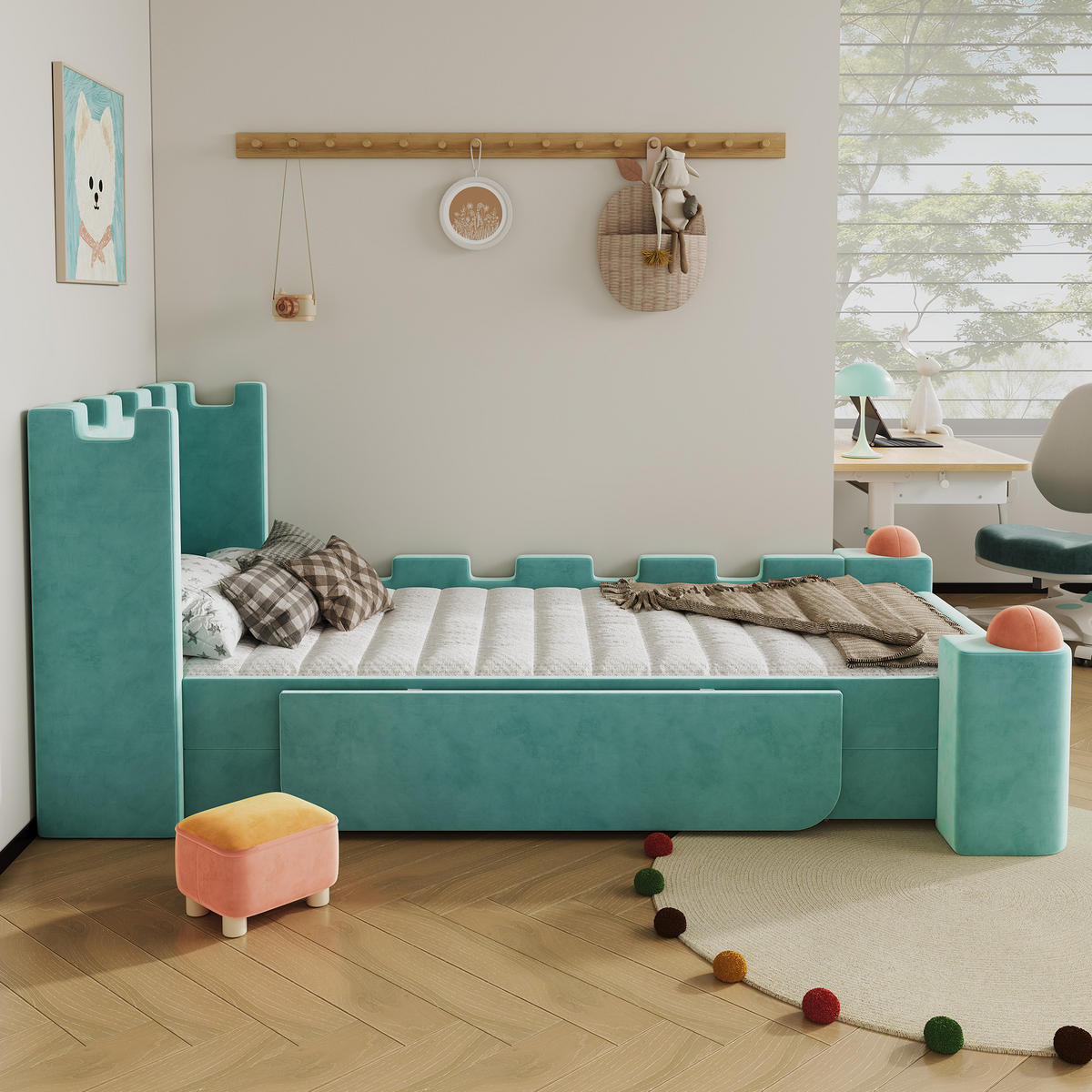 BETT mit Schublade und Ablage 90x200 cm Blaugrün - Blau, Holz (90/200cm) - Meubliv