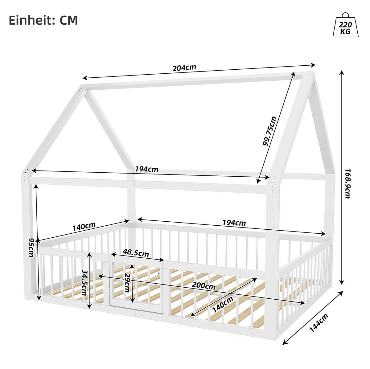 METALLBETT 140/200 cm in Weiß – Kinderbett mit Dachdesign und Sicherheitsgitter - Weiß, Metall (140/200cm) - BEAOK