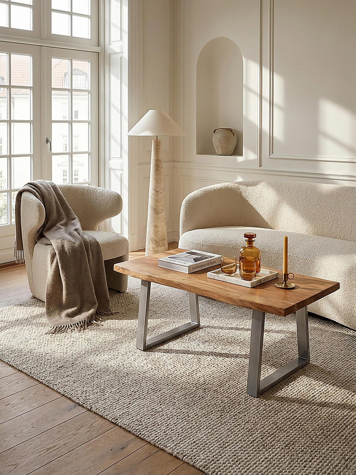 COUCHTISCH aus Akazie Massivholz mit Metall-Trapezbeinen und Baumkante im Design-Stil, Akazie-Silber 120x60x46 cm - Silberfarben/Akaziefarben, Holz/Metall (60/120/46cm) - KADIMA DESIGN