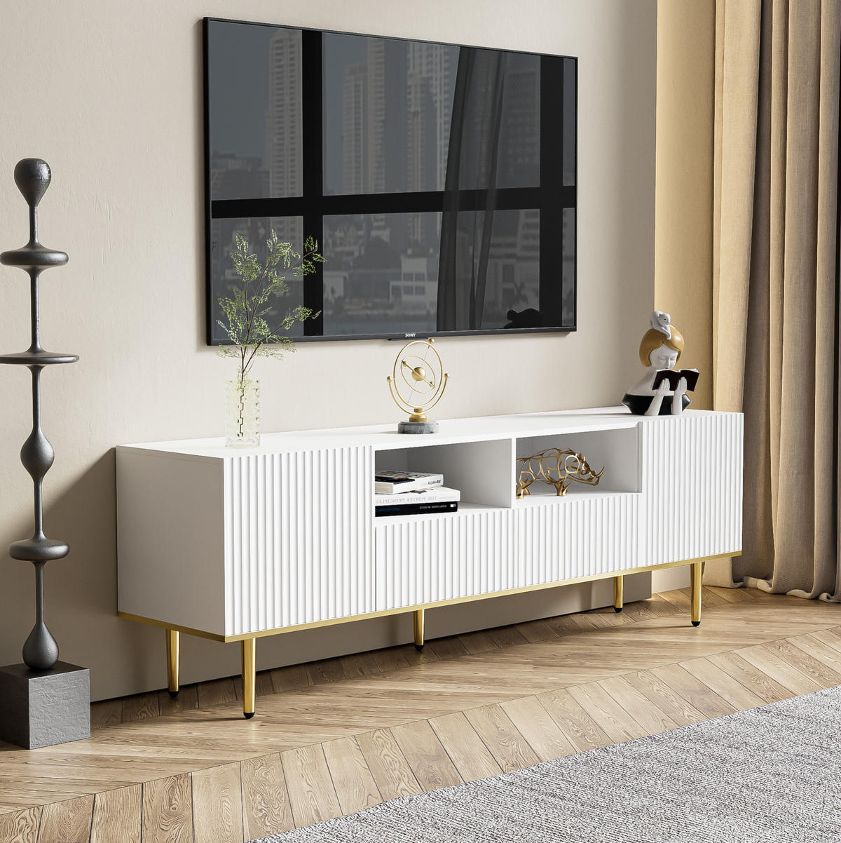 TV-SCHRANK in Weiß mit goldenen Akzenten und 2 Schubladen 165/36/55 cm - Weiß, Holzwerkstoff (165/55/36cm) - Redom